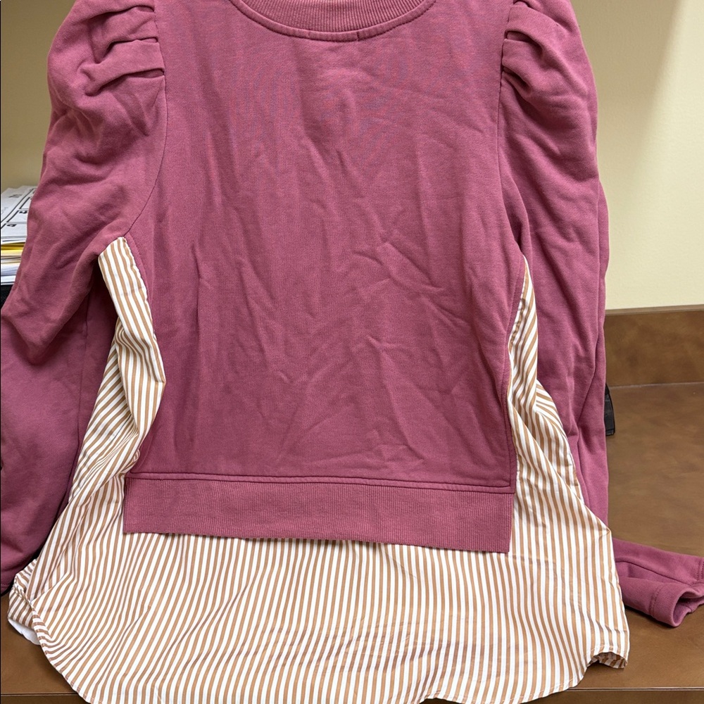 Maeve‎ By Anthropolgie Puff Sleeve Sweatshirt With Striped Shirt Tunic Top Sz S - Picture 8 of 8